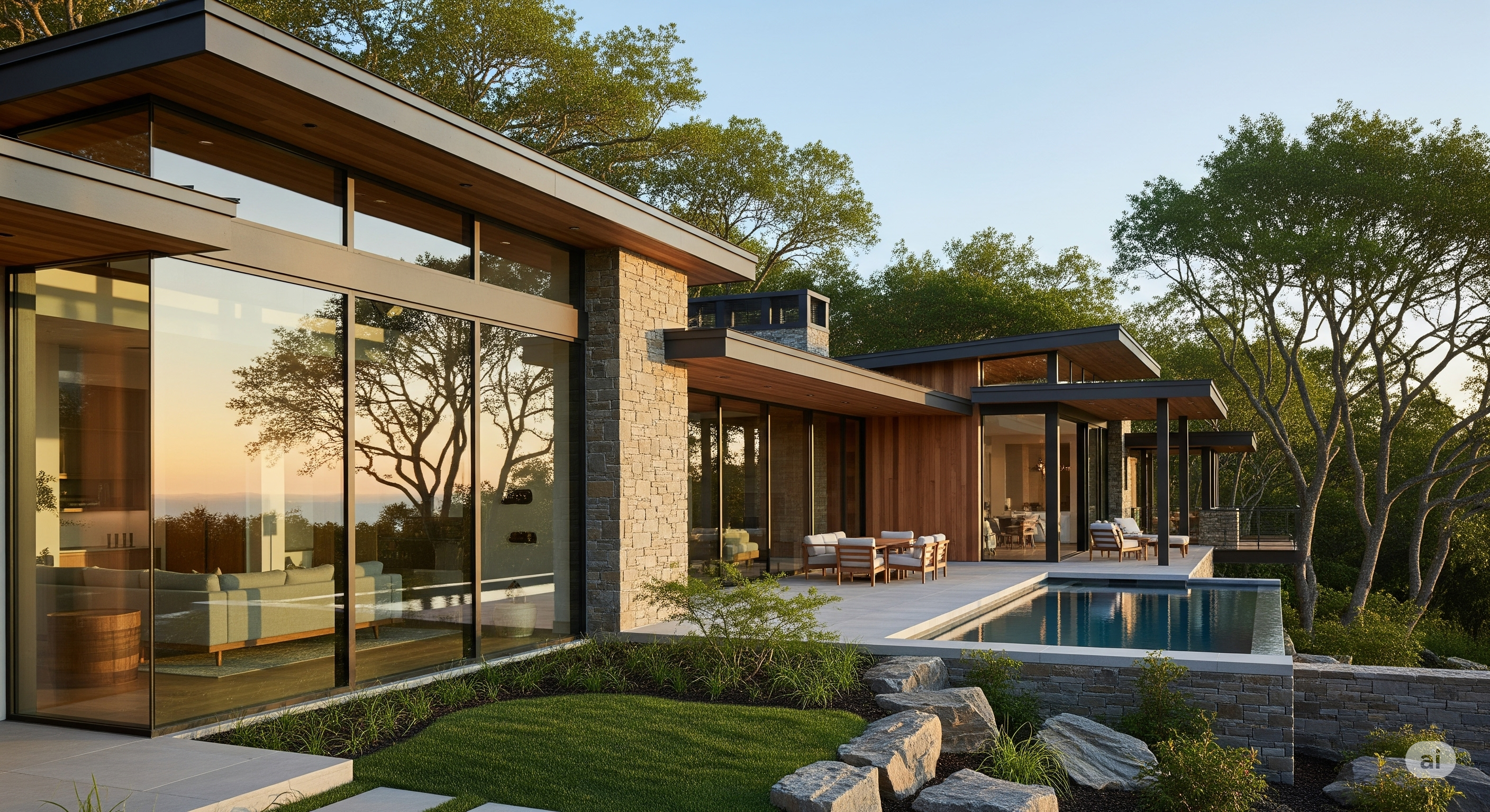 Interior de la sala de estar con grandes ventanales y vistas al jardín, Residencia Armonía Natural